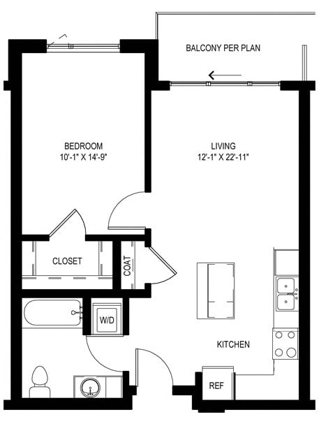 Floor plan for 1 bed, 1 bath, 632 sqft